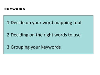 keywords Decide on your word mapping tool Deciding on the right words to use Grouping your keywords 