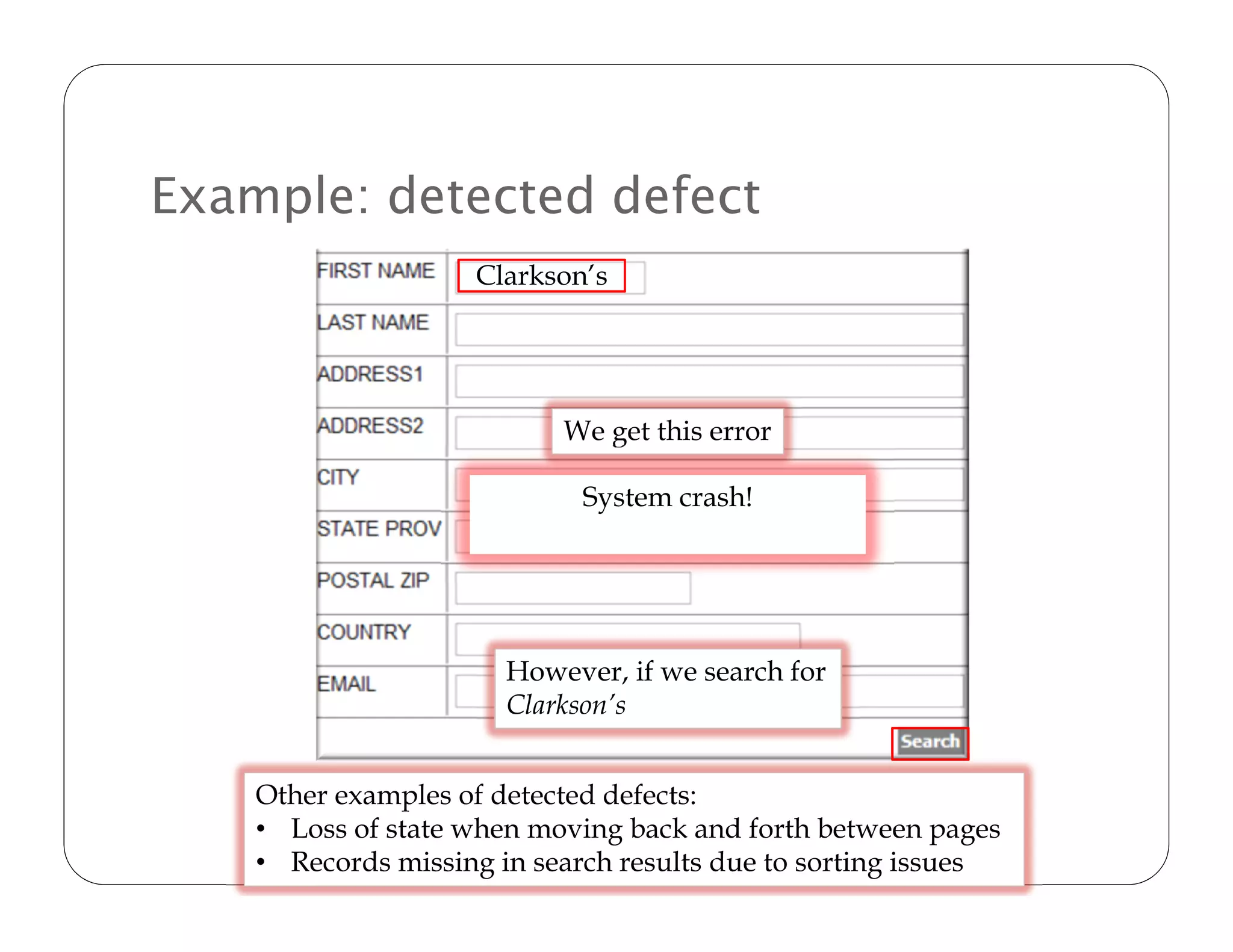 Example: detected defect
                    Clarkson’s




                           We get this error

                             System crash!




                       However, if we search for
                       Clarkson’s


    Other examples of detected defects:
    • Loss of state when moving back and forth between pages
    • Records missing in search results due to sorting issues
 
