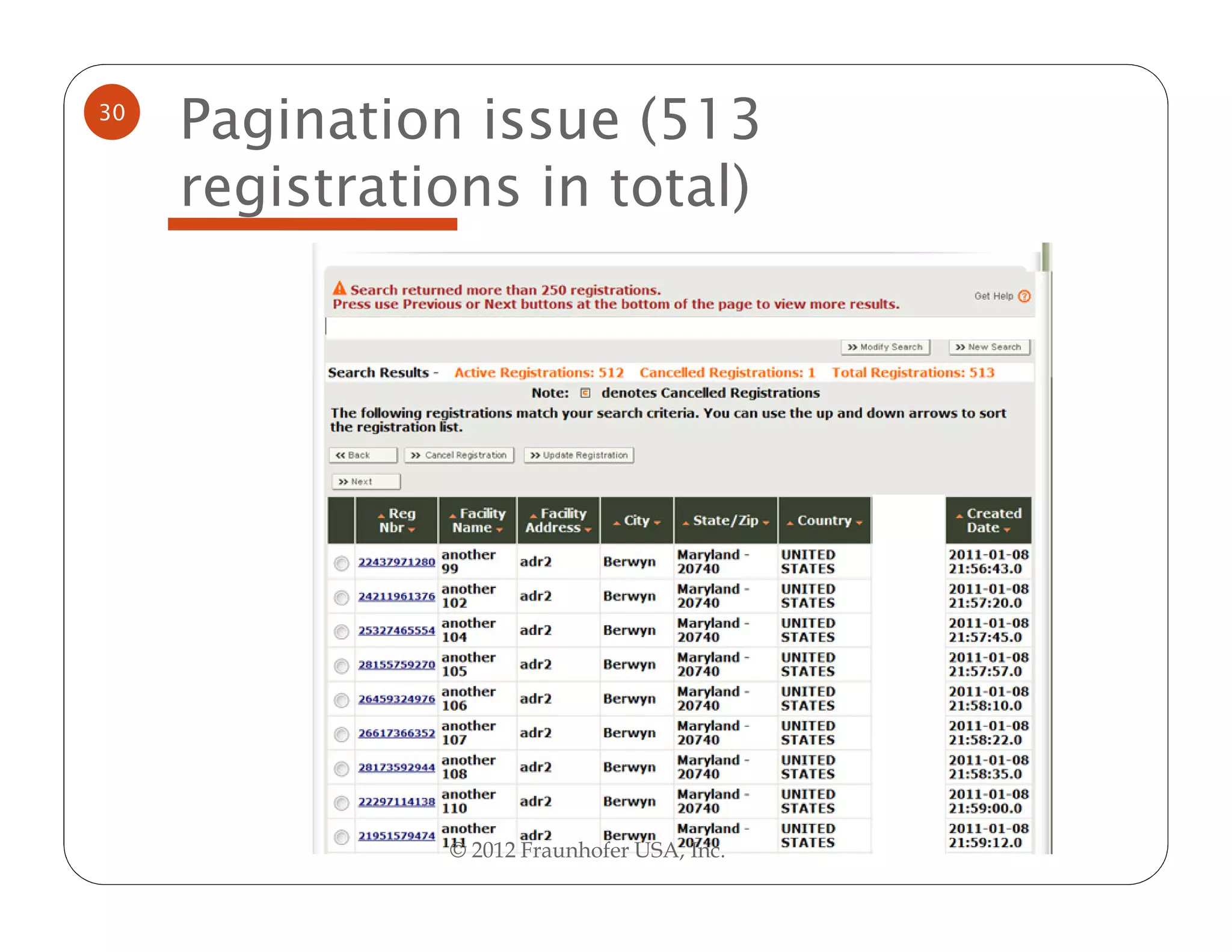 30
     Pagination issue (513
     registrations in total)




               © 2012 Fraunhofer USA, Inc.
 