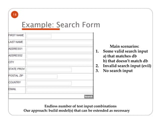 18



     Example: Search Form

                                                        Main scenarios:
                                               1.   Some valid search input
                                                    a) that matches db
                                                    b) that doesn’t match db
                                               2.   Invalid search input (evil)
                                               3.   No search input




                Endless number of test input combinations
     Our approach: build model(s) that can be extended as necessary
 