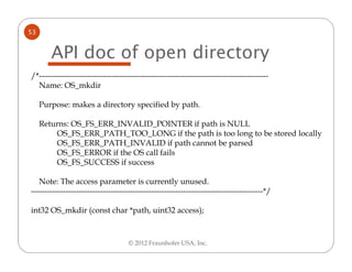 53


        API doc of open directory
/*--------------------------------------------------------------------------------------
  Name: OS_mkdir

     Purpose: makes a directory specified by path.

     Returns: OS_FS_ERR_INVALID_POINTER if path is NULL
         OS_FS_ERR_PATH_TOO_LONG if the path is too long to be stored locally
         OS_FS_ERR_PATH_INVALID if path cannot be parsed
         OS_FS_ERROR if the OS call fails
         OS_FS_SUCCESS if success

   Note: The access parameter is currently unused.
---------------------------------------------------------------------------------------*/

int32 OS_mkdir (const char *path, uint32 access);



                                    © 2012 Fraunhofer USA, Inc.
 