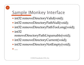 55


     Sample IMonkey Interface
      int32 removeDirectoryValid(void);
      int32 removeDirectoryPathNull(void);
      int32 removeDirectoryPathTooLong(void);
      int32
      removeDirectoryPathUnparsable(void);
      int32 removeDirectoryCurrent(void);
      int32 removeDirectoryNotEmpty(void);
      …

                © 2012 Fraunhofer USA, Inc.
 