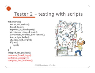 7


     Tester 2 – testing with scripts
While (true) {
  wrote_test_scripts();
  found_bugs();
  reported_to_developers();
  developers_changed_code();
  developers_returned_newVersion();
  test_scripts_broke();
  changed_test_scripts();
  if (tired) {
      break;
  }
}
shipped_the_product();
customer_found_bugs();
customer_unhappy();
company_lost_business();

                         © 2012 Fraunhofer USA, Inc.
 