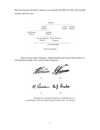 5
When the decision threshold is altered so as to decrease the FRR, the FAR will invariably
increase, and vice versa.
There are three kinds of forgeries –Skilled Random and Casual. Shown below is a
self explanatory image of the various kinds of forgeries
 