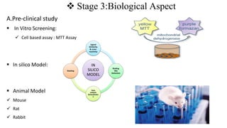  Stage 3:Biological Aspect
A.Pre-clinical study
 In Vitro Screening:
 Cell based assay : MTT Assay
 In silico Model:
 Animal Model
 Mouse
 Rat
 Rabbit
IN
SILICO
MODEL
Ligand
Similarity
& cross-
reactivity
Binding
Site
Detection
Data
analysis
&visualizatio
n
Docking
 