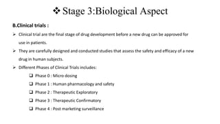 Stage 3:Biological Aspect
B.Clinical trials :
 Clinical trial are the final stage of drug development before a new drug can be approved for
use in patients.
 They are carefully designed and conducted studies that assess the safety and efficacy of a new
drug in human subjects.
 Different Phases of Clinical Trials includes:
 Phase 0 : Micro dosing
 Phase 1 : Human pharmacology and safety
 Phase 2 : Therapeutic Exploratory
 Phase 3 : Therapeutic Confirmatory
 Phase 4 : Post marketing surveillance
 