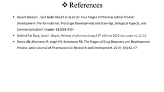 References
 Basant Amarji1 , Sara Nidal Abed2 et.al,2018.’ Four Stages of Pharmaceutical Product
Development: Pre formulation, Prototype Development and Scale-Up, Biological Aspects, and
Commercialization’ chapter 18,(638-650)
 Gobind Rai Garg, Sparsh Gupta, Review of pharmacology.16th edition 2022 oct; page no.11-12
 Deore AB, dhumane JR, wagh HV, Sonawane RB, The Stages of Drug Discovery and Development
Process. Asian Journal of Pharmaceutical Research and Development. 2019; 7(6):62-67
 