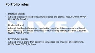 Portfolio roles
• Strategic Brand:
• A brand that is projected to reap future sales and profits. NIVEA Crème, NIVEA
Deo, NIVEA for Men
• Linchpin Brand:
• A brand that holds the entire organization together. It is a number one brand
that indirectly influences a business area providing a strong base for customer
loyalty. NIVEA Crème
• Silver Bullet Brand:
• A brand or sub-brand that positively influences the image of another brand.
NIVEA Baby, NIVEA for Men
 