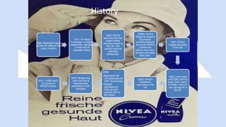 1911: Dr Oscar
Troplowitz, a medical
researcher, develops
a new kind of
cosmetic cream.
1922: NIVEA
launches the first
mass market
skincare cream in
the UK - the
world's first true
cosmetic
moisturiser.
1950s: NIVEA
begins to expand
its product
portfolio beyond
the iconic NIVEA
Crème into
lotions, Sun care,
Shower and basic
face care.
1991: NIVEA
Visage launches
in the UK
1992: From here
until 2000, NIVEA
body, Soft, Hand,
For Men, and Lip
care all launch in
the UK
2002: NIVEA
Deodorant
launches in the
UK
2006:
•Beiersdorf UK
Ltd celebrates its
100th anniversary
•Started
operations in
India as joint
venture with JL
Morrisson
2007: Breaks the
Joint Venture &
becomes the
subsidiary of UK
company
2011: 100th ann’y
of Launch of
NIVEA Crème.
History
1906: Beiersdorf opens
its first UK office in Idol
Lane, London.
 