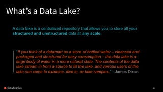 Why Data Lake ?
5
LAKES STREAMS
WAREHOUSES NOSQL
CSV,
JSON,
TXT…
Challenges with Data Warehouse
• Big Data problem
• Expen...