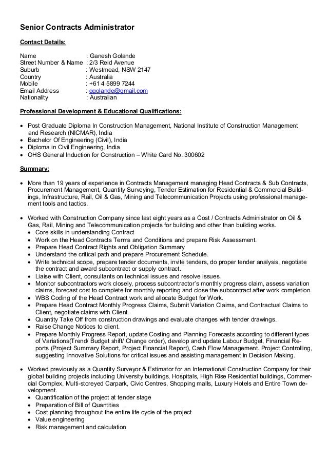 contracts administrator resumes