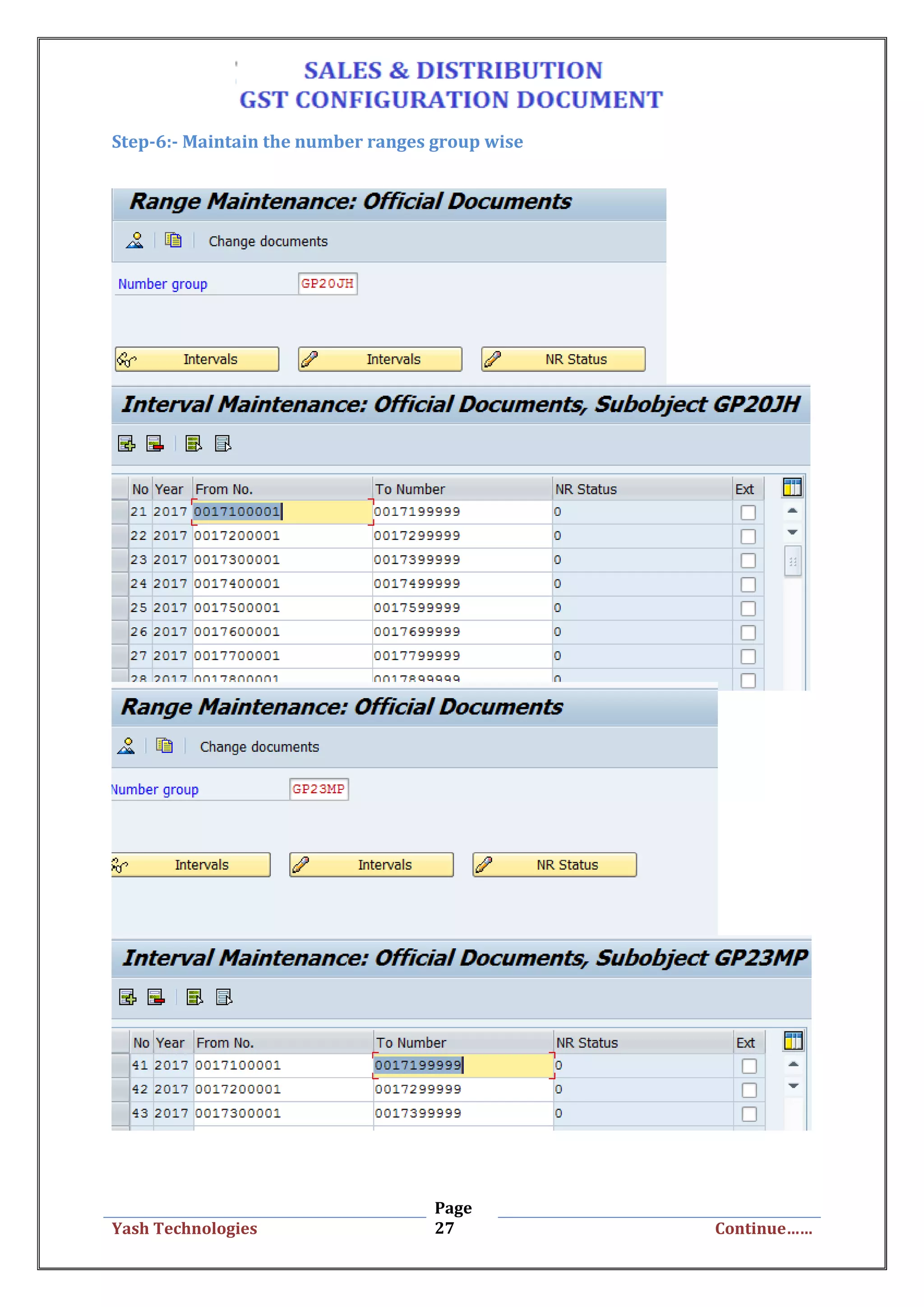 Page
27Yash Technologies Continue……
Step-6:- Maintain the number ranges group wise
 
