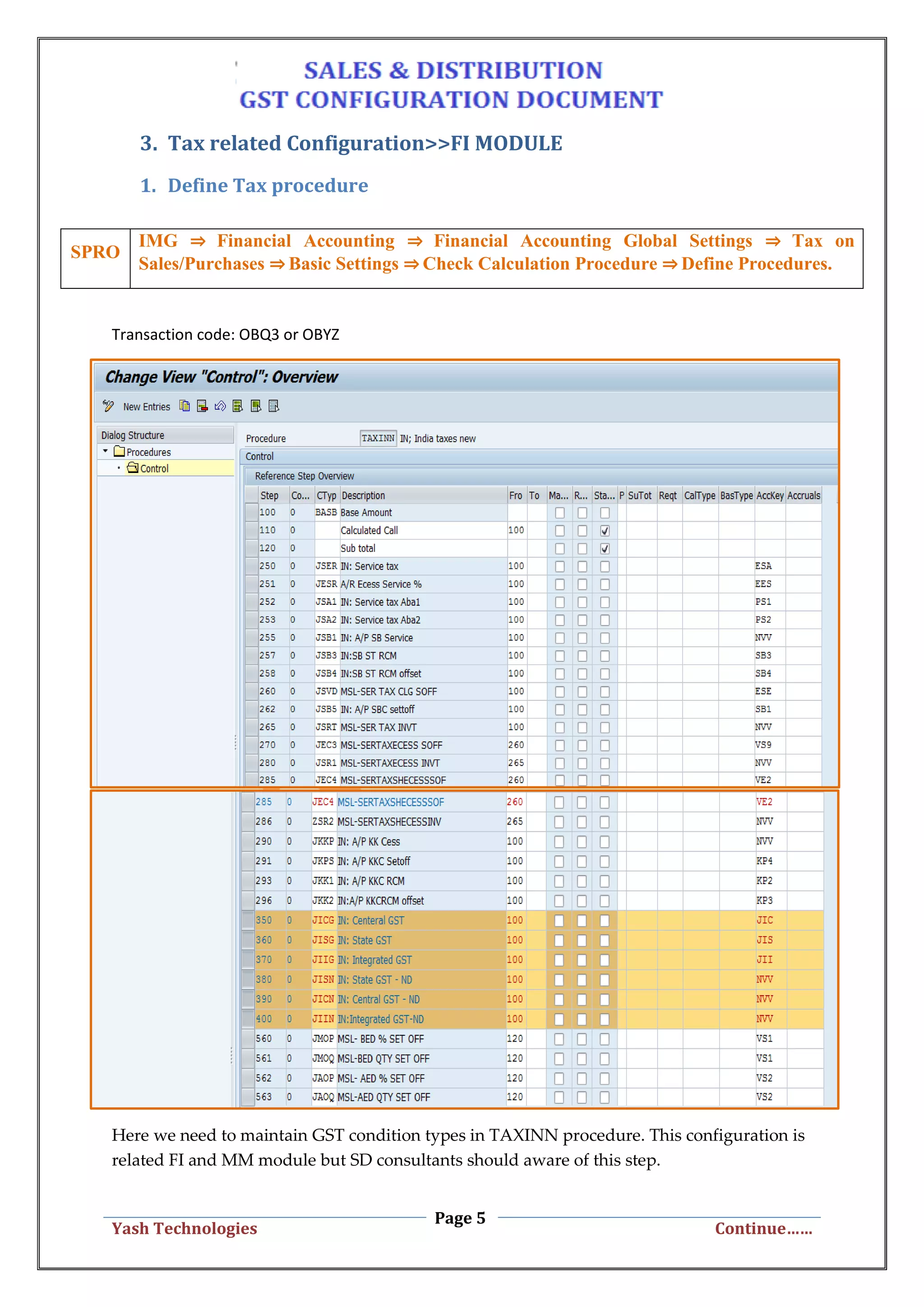 Page 5
Yash Technologies Continue……
3. Tax related Configuration>>FI MODULE
1. Define Tax procedure
Transaction code: OBQ3 or OBYZ
Here we need to maintain GST condition types in TAXINN procedure. This configuration is
related FI and MM module but SD consultants should aware of this step.
SPRO
IMG ⇒ Financial Accounting ⇒ Financial Accounting Global Settings ⇒ Tax on
Sales/Purchases ⇒ Basic Settings ⇒ Check Calculation Procedure ⇒ Define Procedures.
 