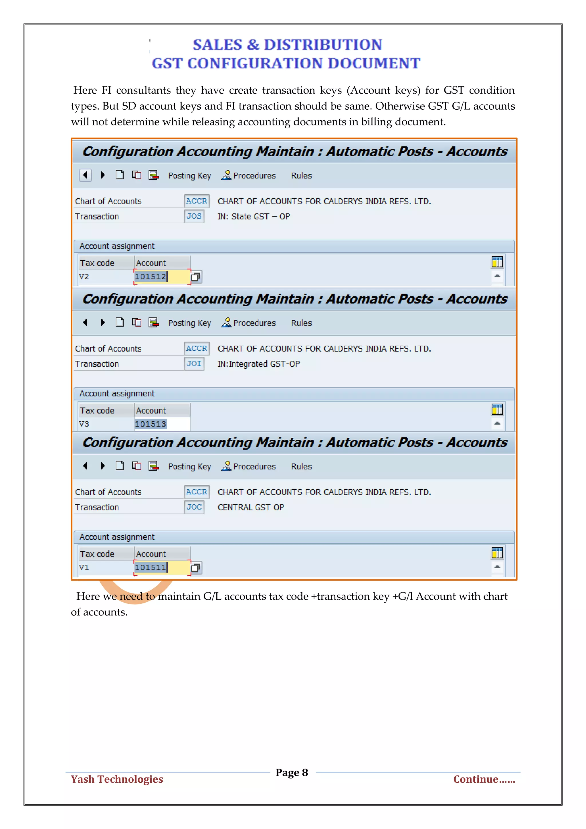 Page 8
Yash Technologies Continue……
Here FI consultants they have create transaction keys (Account keys) for GST condition
types. But SD account keys and FI transaction should be same. Otherwise GST G/L accounts
will not determine while releasing accounting documents in billing document.
Here we need to maintain G/L accounts tax code +transaction key +G/l Account with chart
of accounts.
 