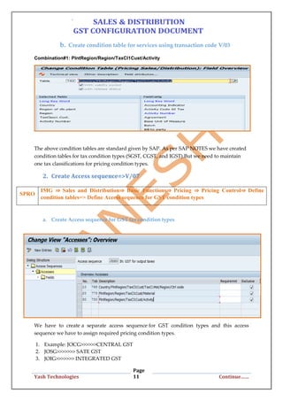 Page
11Yash Technologies Continue……
b. Create condition table for services using transaction code V/03
Combination#1: PlntRegion/Region/TaxCl1Cust/Activity
The above condition tables are standard given by SAP. As per SAP NOTES we have created
condition tables for tax condition types (SGST, CGST, and IGST).But we need to maintain
one tax classifications for pricing condition types.
2. Create Access sequence=>V/07
a. Create Access sequence for GST tax condition types
We have to create a separate access sequence for GST condition types and this access
sequence we have to assign required pricing condition types.
1. Example: JOCG>>>>>>CENTRAL GST
2. JOSG>>>>>>> SATE GST
3. JOIG>>>>>>> INTEGRATED GST
SPRO
IMG ⇒ Sales and Distribution⇒ Basic Functions⇒ Pricing ⇒ Pricing Control⇒ Define
condition tables=> Define Access sequence for GST condition types
 