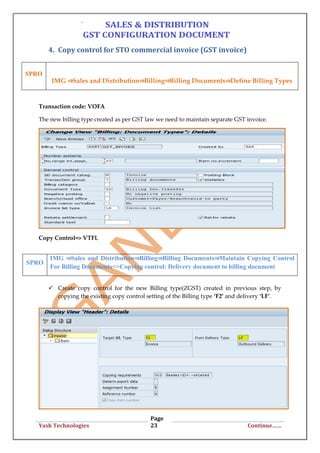 Page
23Yash Technologies Continue……
4. Copy control for STO commercial invoice (GST invoice)
Transaction code: VOFA
The new billing type created as per GST law we need to maintain separate GST invoice.
Copy Control=> VTFL
 Create copy control for the new Billing type(ZGST) created in previous step, by
copying the existing copy control setting of the Billing type ‘F2’ and delivery ‘LF’.
SPRO
IMG ⇒Sales and Distribution⇒Billing⇒Billing Documents⇒Define Billing Types
SPRO
IMG ⇒Sales and Distribution⇒Billing⇒Billing Documents⇒Maintain Copying Control
For Billing Documents=>Copying control: Delivery document to billing document
 
