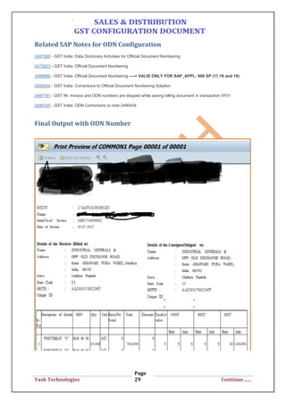 Page
29Yash Technologies Continue……
Related SAP Notes for ODN Configuration
2487589 - GST India: Data Dictionary Activities for Official Document Numbering
2472623 - GST India: Official Document Numbering
2489866 - GST India: Official Document Numbering ----> VALID ONLY FOR SAP_APPL: 606 SP (17,18 and 19)
2490434 - GST India: Corrections to Official Document Numbering Solution
2487781 - GST IN: Invoice and ODN numbers are skipped while saving billing document in transaction VF01
2496105 - GST India: ODN Corrections to note 2490434
Final Output with ODN Number
 