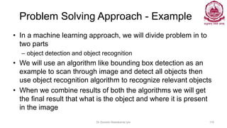 Problem Solving Approach - Example
• In a machine learning approach, we will divide problem in to
two parts
– object detection and object recognition
• We will use an algorithm like bounding box detection as an
example to scan through image and detect all objects then
use object recognition algorithm to recognize relevant objects
• When we combine results of both the algorithms we will get
the final result that what is the object and where it is present
in the image
Dr Ganesh Neelakanta Iyer 119
 