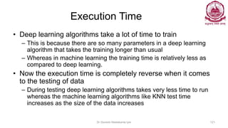 Execution Time
• Deep learning algorithms take a lot of time to train
– This is because there are so many parameters in a deep learning
algorithm that takes the training longer than usual
– Whereas in machine learning the training time is relatively less as
compared to deep learning.
• Now the execution time is completely reverse when it comes
to the testing of data
– During testing deep learning algorithms takes very less time to run
whereas the machine learning algorithms like KNN test time
increases as the size of the data increases
Dr Ganesh Neelakanta Iyer 121
 
