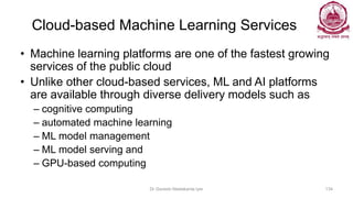 Cloud-based Machine Learning Services
• Machine learning platforms are one of the fastest growing
services of the public cloud
• Unlike other cloud-based services, ML and AI platforms
are available through diverse delivery models such as
– cognitive computing
– automated machine learning
– ML model management
– ML model serving and
– GPU-based computing
Dr Ganesh Neelakanta Iyer 134
 