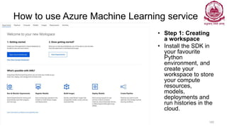 How to use Azure Machine Learning service
• Step 1: Creating
a workspace
• Install the SDK in
your favourite
Python
environment, and
create your
workspace to store
your compute
resources,
models,
deployments and
run histories in the
cloud.
Dr Ganesh Neelakanta Iyer 185
 