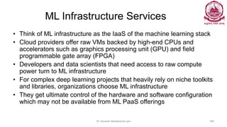 ML Infrastructure Services
• Think of ML infrastructure as the IaaS of the machine learning stack
• Cloud providers offer raw VMs backed by high-end CPUs and
accelerators such as graphics processing unit (GPU) and field
programmable gate array (FPGA)
• Developers and data scientists that need access to raw compute
power turn to ML infrastructure
• For complex deep learning projects that heavily rely on niche toolkits
and libraries, organizations choose ML infrastructure
• They get ultimate control of the hardware and software configuration
which may not be available from ML PaaS offerings
Dr Ganesh Neelakanta Iyer 189
 