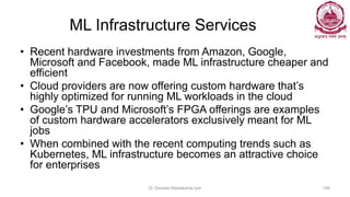 ML Infrastructure Services
• Recent hardware investments from Amazon, Google,
Microsoft and Facebook, made ML infrastructure cheaper and
efficient
• Cloud providers are now offering custom hardware that’s
highly optimized for running ML workloads in the cloud
• Google’s TPU and Microsoft’s FPGA offerings are examples
of custom hardware accelerators exclusively meant for ML
jobs
• When combined with the recent computing trends such as
Kubernetes, ML infrastructure becomes an attractive choice
for enterprises
Dr Ganesh Neelakanta Iyer 190
 
