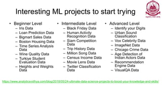 Interesting ML projects to start trying
• Beginner Level
– Iris Data
– Loan Prediction Data
– Bigmart Sales Data
– Boston Housing Data
– Time Series Analysis
Data
– Wine Quality Data
– Turkiye Student
Evaluation Data
– Heights and Weights
Data
• Intermediate Level
– Black Friday Data
– Human Activity
Recognition Data
– Siam Competition
Data
– Trip History Data
– Million Song Data
– Census Income Data
– Movie Lens Data
– Twitter Classification
Data
• Advanced Level
– Identify your Digits
– Urban Sound
Classification
– Vox Celebrity Data
– ImageNet Data
– Chicago Crime Data
– Age Detection of
Indian Actors Data
– Recommendation
Engine Data
– VisualQA Data
https://www.analyticsvidhya.com/blog/2018/05/24-ultimate-data-science-projects-to-boost-your-knowledge-and-skills/
 