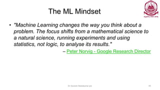 The ML Mindset
• "Machine Learning changes the way you think about a
problem. The focus shifts from a mathematical science to
a natural science, running experiments and using
statistics, not logic, to analyse its results."
– Peter Norvig - Google Research Director
Dr Ganesh Neelakanta Iyer 55
 