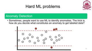 Hard ML problems
Anomaly Detection
• Sometimes, people want to use ML to identify anomalies. The trick is,
how do you decide what constitutes an anomaly to get labeled data?
Dr Ganesh Neelakanta Iyer 73
 