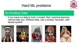 Hard ML problems
No Existing Data
• if you have no data to train a model, then machine learning
cannot help you. Without data, use a simple, heuristic, rule-
based system
Dr Ganesh Neelakanta Iyer 75
 