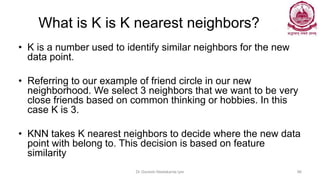 What is K is K nearest neighbors?
• K is a number used to identify similar neighbors for the new
data point.
• Referring to our example of friend circle in our new
neighborhood. We select 3 neighbors that we want to be very
close friends based on common thinking or hobbies. In this
case K is 3.
• KNN takes K nearest neighbors to decide where the new data
point with belong to. This decision is based on feature
similarity
Dr Ganesh Neelakanta Iyer 96
 