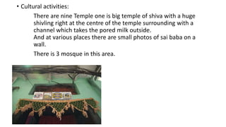 • Cultural activities:
There are nine Temple one is big temple of shiva with a huge
shivling right at the centre of the temple surrounding with a
channel which takes the pored milk outside.
And at various places there are small photos of sai baba on a
wall.
There is 3 mosque in this area.
 