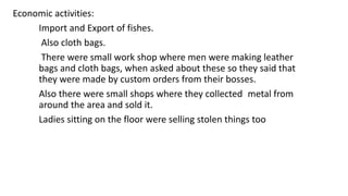Economic activities:
Import and Export of fishes.
Also cloth bags.
There were small work shop where men were making leather
bags and cloth bags, when asked about these so they said that
they were made by custom orders from their bosses.
Also there were small shops where they collected metal from
around the area and sold it.
Ladies sitting on the floor were selling stolen things too
 