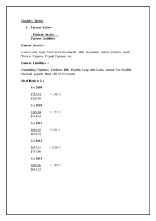 Liquidity Ratios
1. Current Ratio =
Current Assets
Current Liabilities
Current Assets =
Cash in hand, bank, Short Term Investments, Bills Receivable, Sundry Debtors, Stock,
Work in Progress, Prepaid Expenses etc.
Current Liabilities =
Outstanding Expenses, Creditors, Bills Payable, Long term Loans, Income Tax Payable,
Dividend payable, Bank OD (If Permanent)
Ideal Ratio is 2:1
For 2009
1753.54 = 1.38: 1
1265.88
For 2010
2349.84 = 1.53: 1
1534.63
For 2011
2880.05 =1.76: 1
1634.38
For 2012
3617.11 = 2.10: 1
1717.06
For 2013
3807.86 = 1.89: 1
2013.13
 