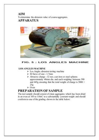 AIM
To determine the abrasion value of coarseaggregates.
APPARATUS
LOS ANGLES MACHINE
 Los Angles abrasion testing machine
 IS Sieve of size - 1.7mm
 Abrasive charge - 12 nos. cast iron or steel spheres
approximately 48mm dia. and each weighing between 390
and 445g ensuring that the total weight of charge is 5000 +
25g
 Oven
PREPARATION OF SAMPLE
The test sample should consist of clean aggregates which has been dried
in an oven at 105 to 110oC to a substantially constant weight and should
conform to one of the grading shown in the table below:
 