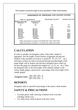 The sample is sieved through IS sieve specified in Table shown below.
CALCULATION
In order to calculate the elongation index of the entire sample of
aggregates, first the weight of each fraction of aggregate passing and
retained on the specified set of sieves is noted (Y1, Y2, Y3, Y4…..etc.).
Each piece of these are tried to be passed through specified length of the
gauge length with its longest side and those elongated pieces which do
not pass the gauge are separated and weighed (y1, y2, y3, y4…etc.). Then
the elongated index is the total weight of the material retained on the
various length gauges, expressed as a percentage of the total weight of the
sample gauged.
REPORTS
Elongation index is reported in percentage to the nearest whole number.
SAFETY & PRECAUTIONS
 Use hand gloves while removing containers from oven after
switching off the oven.
 Use safety shoes, mask & aprons at the time of test.
 