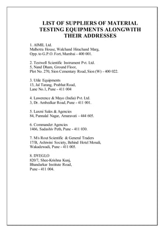 LIST OF SUPPLIERS OF MATERIAL
TESTING EQUIPMENTS ALONGWITH
THEIR ADDRESSES
1. AIMIL Ltd.
Malhotra House, Walchand Hirachand Marg,
Opp. to G.P.O. Fort, Mumbai - 400 001.
2. Testwell Scientific Instrument Pvt. Ltd.
5, Nand Dham, Ground Floor,
Plot No. 270, Sion Cementary Road, Sion (W) - 400 022.
3. Utile Equipments
13, Jal Tarang, Prabhat Road,
Lane No.1, Pune - 411 004
4. Lawerence & Mayo (India) Pvt. Ltd.
3, Dr. Ambedkar Road, Pune - 411 001.
5. Laxmi Sales & Agencies
84, Pannalal Nagar, Amaravati - 444 605.
6. Commander Agencies
1466, Sadashiv Peth, Pune - 411 030.
7. M/s Rout Scientific & General Traders
17/B, Ashiwini Society, Behind Hotel Monali,
Wakadewadi, Pune - 411 005.
8. DYEGLO
820/7, Shee-Krishna Kunj,
Bhandarkar Institute Road,
Pune - 411 004.
 