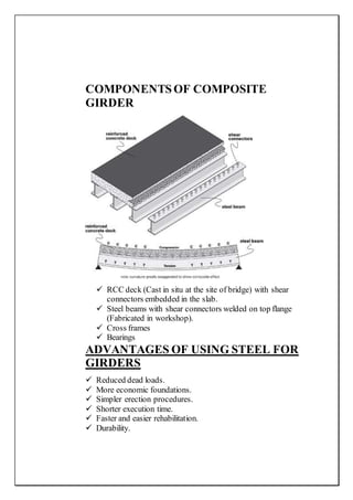 COMPONENTSOF COMPOSITE
GIRDER
 RCC deck (Cast in situ at the site of bridge) with shear
connectors embedded in the slab.
 Steel beams with shear connectors welded on top flange
(Fabricated in workshop).
 Cross frames
 Bearings
ADVANTAGES OF USING STEEL FOR
GIRDERS
 Reduced dead loads.
 More economic foundations.
 Simpler erection procedures.
 Shorter execution time.
 Faster and easier rehabilitation.
 Durability.
 