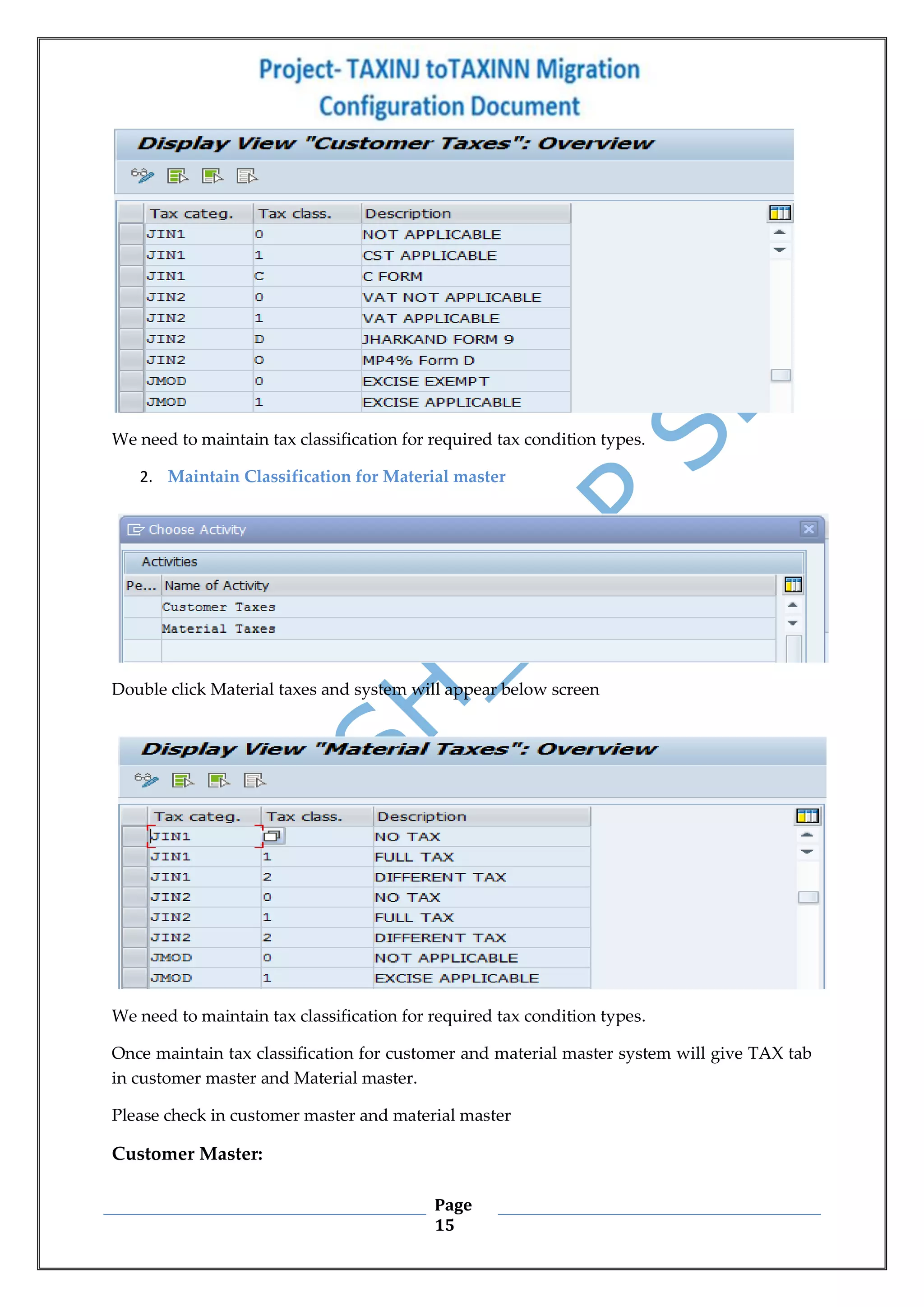 Page
15
We need to maintain tax classification for required tax condition types.
2. Maintain Classification for Material master
Double click Material taxes and system will appear below screen
We need to maintain tax classification for required tax condition types.
Once maintain tax classification for customer and material master system will give TAX tab
in customer master and Material master.
Please check in customer master and material master
Customer Master:
 