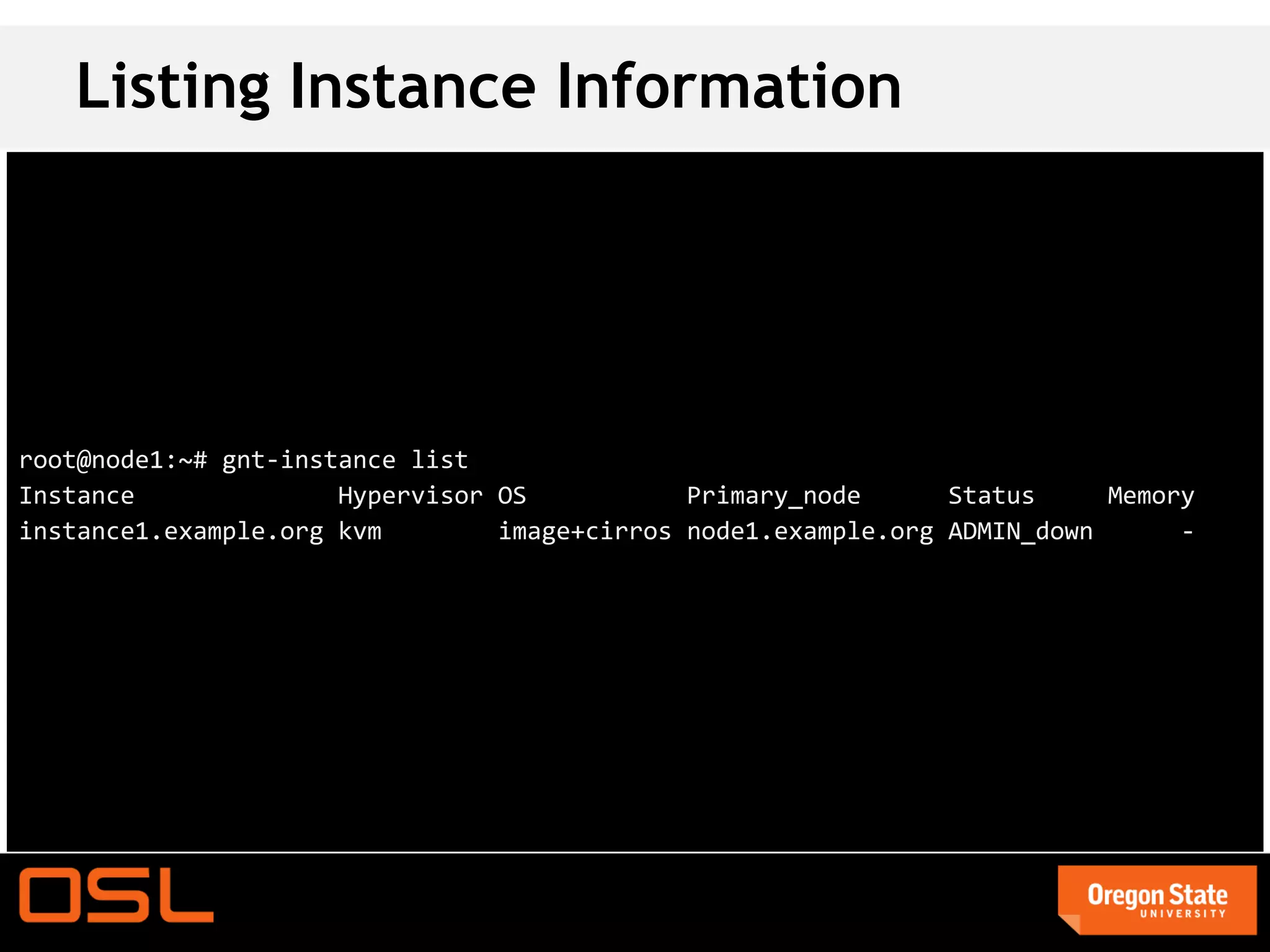 Listing Instance Information




root@node1:~# gnt-instance list
Instance              Hypervisor OS           Primary_node      Status     Memory
instance1.example.org kvm        image+cirros node1.example.org ADMIN_down      -
 