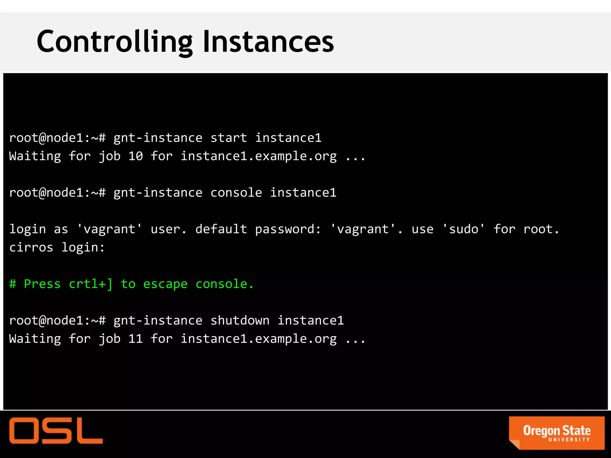 Controlling Instances

root@node1:~# gnt-instance start instance1
Waiting for job 10 for instance1.example.org ...

root@node1:~# gnt-instance console instance1

login as 'vagrant' user. default password: 'vagrant'. use 'sudo' for root.
cirros login:

# Press crtl+] to escape console.

root@node1:~# gnt-instance shutdown instance1
Waiting for job 11 for instance1.example.org ...
 