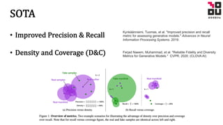 SOTA
Ferjad Naeem, Muhammad, et al. "Reliable Fidelity and Diversity
Metrics for Generative Models." CVPR, 2020. (CLOVA AI)
• Improved	Precision	&	Recall
• Density	and	Coverage	(D&C)
Kynkäänniemi, Tuomas, et al. "Improved precision and recall
metric for assessing generative models." Advances in Neural
Information Processing Systems. 2019.
 