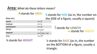 Area:
Astands for AREA S stands for SIDE (as in, the number on
the SIDE of a figure, usually a square)
l stands for LENGTH
w stands for WIDTH
b stands for BASE (as in, the number
on the BOTTOM of a figure, usually a
triangle.
h stands for HEIGHT
What do these letters mean?
 