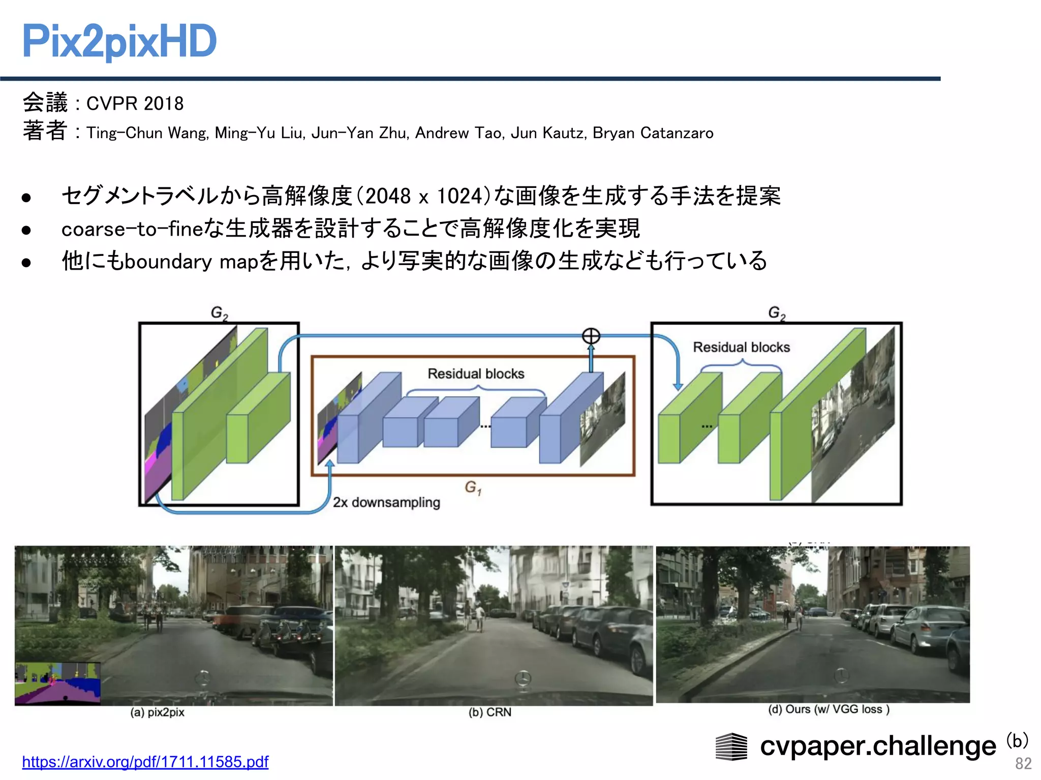 Pix2pixHD 
82
会議 : CVPR 2018 
著者 : Ting-Chun Wang, Ming-Yu Liu, Jun-Yan Zhu, Andrew Tao, Jun Kautz, Bryan Catanzaro 
 
● セグメントラベルから高解像度（2048 x 1024）な画像を生成する手法を提案 
● coarse-to-fineな生成器を設計することで高解像度化を実現 
● 他にもboundary mapを用いた，より写実的な画像の生成なども行っている 
https://arxiv.org/pdf/1711.11585.pdf
(b)
 