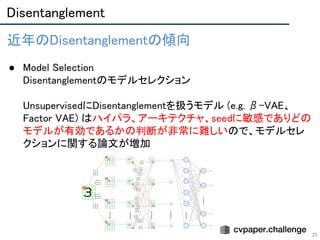 Disentanglement 
25
近年のDisentanglementの傾向 
 
● Model Selection 
Disentanglementのモデルセレクション 
 
UnsupervisedにDisentanglementを扱うモデル (e.g. β-VAE、
Factor VAE) はハイパラ、アーキテクチャ、seedに敏感でありどの
モデルが有効であるかの判断が非常に難しいので、モデルセレ
クションに関する論文が増加 
 
