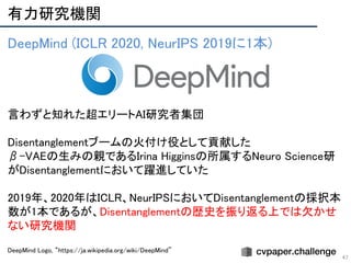 有力研究機関 
47
DeepMind (ICLR 2020, NeurIPS 2019に1本) 
 
 
 
 
言わずと知れた超エリートAI研究者集団 
 
Disentanglementブームの火付け役として貢献した 
β-VAEの生みの親であるIrina Higginsの所属するNeuro Science研
がDisentanglementにおいて躍進していた 
 
2019年、2020年はICLR、NeurIPSにおいてDisentanglementの採択本
数が1本であるが、Disentanglementの歴史を振り返る上では欠かせ
ない研究機関 
 
DeepMind Logo, “https://ja.wikipedia.org/wiki/DeepMind”  
 