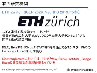 有力研究機関 
48
ETH Zuritch (ICLR 2020, NeurIPS 2019に5本) 
 
 
 
 
スイス連邦工科大学チューリッヒ校 
世界有数の工科大学であり、2020年世界大学ランキングでは 
同率13位の超名門校 
 
ICLR、NeurIPS、ICML、AISTATSに毎年通してるモンスターPh.Dの
Francesco Locatelloの所属校 
 
Disentanglementにおいては、ETHZとMax Planck Institute、Google
Brainの共同論文が猛威を振るっている 
 
ETH zurich logo, “https://ja.wikipedia.org/wiki/チューリッヒ工科大学”  
 