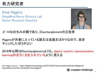 有力研究者 
49
Irina Higgins 
DeepMind Neuro Science Lab 
Senior Research Scientist 
 
 
β-VAEの生みの親であり、Disentanglementの立役者 
 
Higginsが共著に入っている論文は良論文ばかりなので、是非 
チェックしたほうがよい 
 
2018年以降はDisentanglementよりも、object-centric representation
learningのほうに力を入れているように見える 
 
 
Irina Higgins picture, “ https://digital-anthropology.me/2017/02/27/new-scientist-artificial-intelligence-
day-session-one-the-mainstream-irina-higgins/” 
 
 