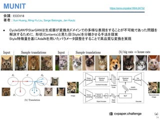 MUNIT
74
会議 : ECCV18 
著者 : Xun Huang, Ming-Yu Liu, Serge Belongie, Jan Kautz 
 
● CycleGANやStarGANは生成器が変換先ドメインでの多様な表現をすることが不可能であった問題を
解決するために，形状(Contents)と見た目(Style)を分離させる手法を提案 
Style特徴量を基にAdaINを用いたパラメータ調整をすることで高品質な変換を実現 
 
 
 
https://arxiv.org/abs/1804.04732
(a)
 